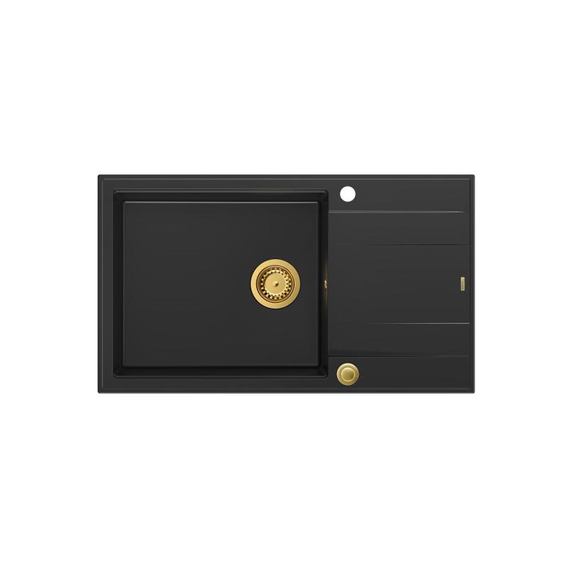 Quadri Luton czarny granitowy duży zlewozmywak nablatowy z ociekaczem, odwracalny, 86x50cm, ze złotym korkiem 1208967327