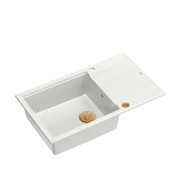Quadri Luton biały granitowy duży zlewozmywak nablatowy z ociekaczem odwracalny 86x50cm z miedzianym korkiem 1208967328