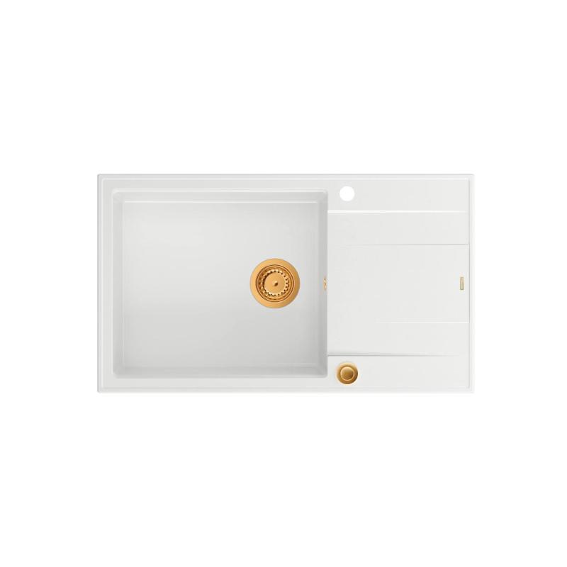 Quadri Luton biały granitowy duży zlewozmywak nablatowy z ociekaczem odwracalny 86x50cm z miedzianym korkiem 1208967328