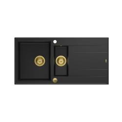 Quadri Luton czarny granitowy zlewozmywak nablatowy 1,5 komory z ociekaczem odwracalny 100x50cm ze złotym korkiem 1208967346