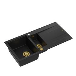 Quadri Luton czarny granitowy zlewozmywak nablatowy 1,5 komory z ociekaczem odwracalny 100x50cm ze złotym korkiem 1208967346