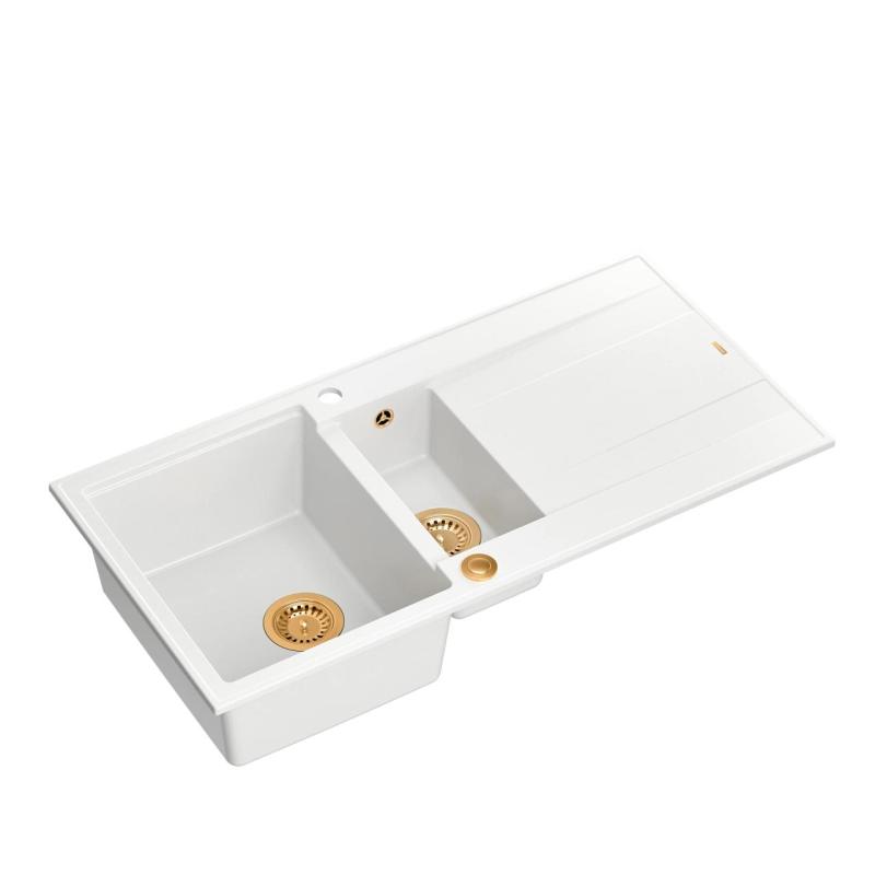 Quadri Luton biały granitowy zlew wpuszczany 1,5 komory z ociekaczem, odwracalny, 100x50 cm, z miedzianym korkiem 1208967349