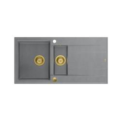 Quadri Luton szary granitowy zlewozmywak nablatowy 1,5 komory z ociekaczem, odwracalny, 100x50cm, z złotym korkiem 1208967351