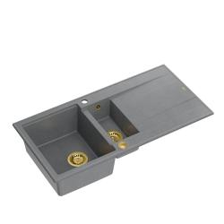 Quadri Luton szary granitowy zlewozmywak nablatowy 1,5 komory z ociekaczem, odwracalny, 100x50cm, z złotym korkiem 1208967351