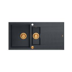 Quadri Luton antracytowy granitowy zlewozmywak nablatowy 1,5 komory z ociekaczem, odwracalny, 100x50 cm z miedzianym korkiem 1208967355