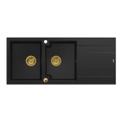 Quadri Luton podwójny zlewozmywak granitowy czarny z ociekaczem 116x50 cm ze złotym korkiem 1208967356