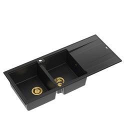 Quadri Luton podwójny zlewozmywak granitowy czarny z ociekaczem 116x50 cm ze złotym korkiem 1208967356