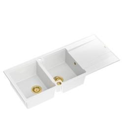 Quadri Luton podwójny zlew granitowy biały z ociekaczem 116x50 cm ze złotym korkiem 1208967358