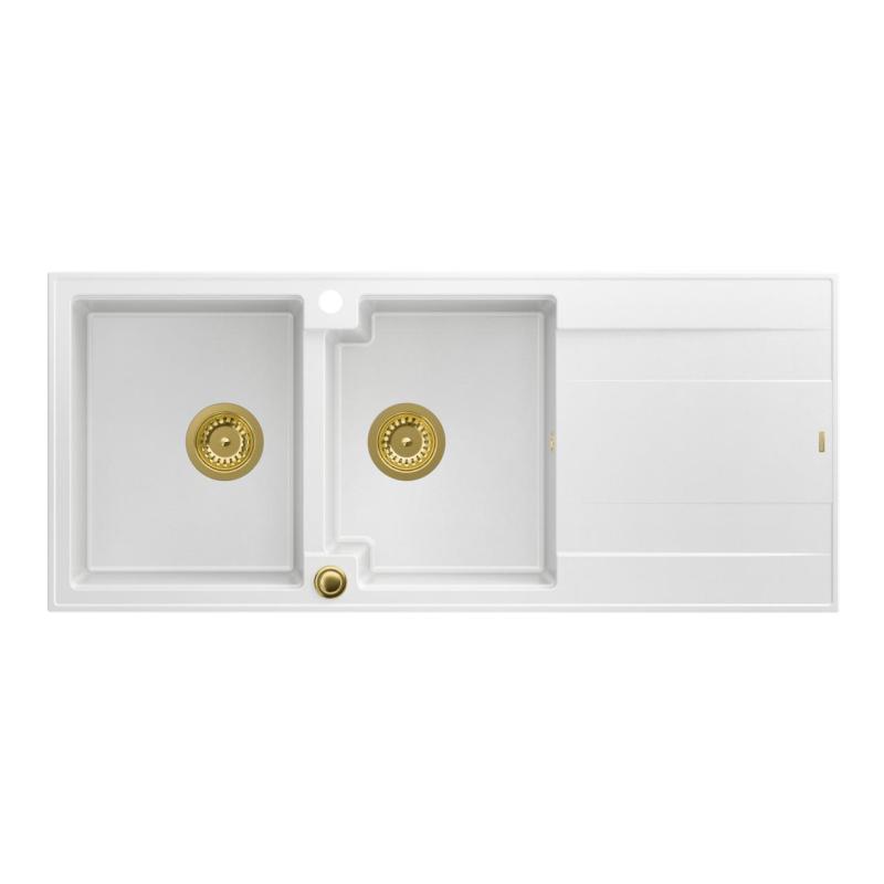 Quadri Luton podwójny zlew granitowy biały z ociekaczem 116x50 cm ze złotym korkiem 1208967358