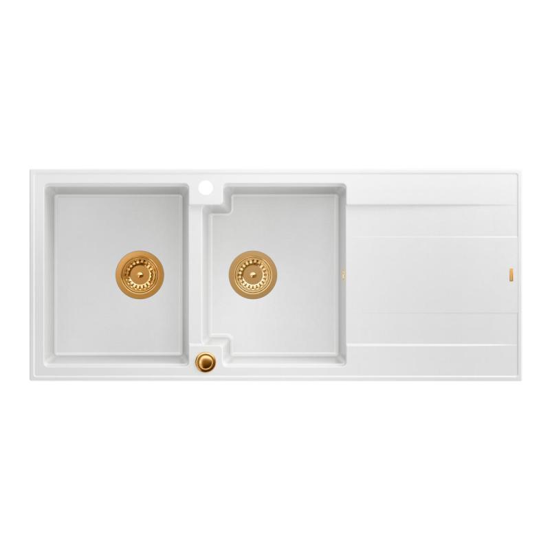 Quadri Luton zlewozmywak podwójny z granitu biały z ociekaczem 116x50 cm z miedzianym korkiem 1208967359