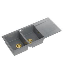 Quadri Luton zlewozmywak nablatowy podwójny granitowy szary z ociekaczem 116x50 cm ze złotym korkiem 1208967361
