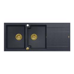 Quadri Luton podwójny zlew granitowy antracytowy z ociekaczem 116x50 cm ze złotym korkiem 1208967364