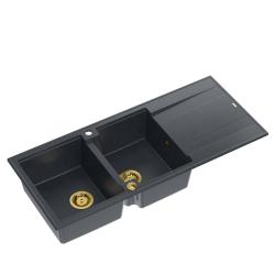 Quadri Luton podwójny zlew granitowy antracytowy z ociekaczem 116x50 cm ze złotym korkiem 1208967364