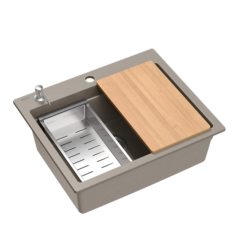 Quadri Durham taupe granitowy zlewozmywak nawierzchniowy 595x500 z dozownikiem do mydła, deską do krojenia, wkładem do zlewu i matą do rolowania 1208967376