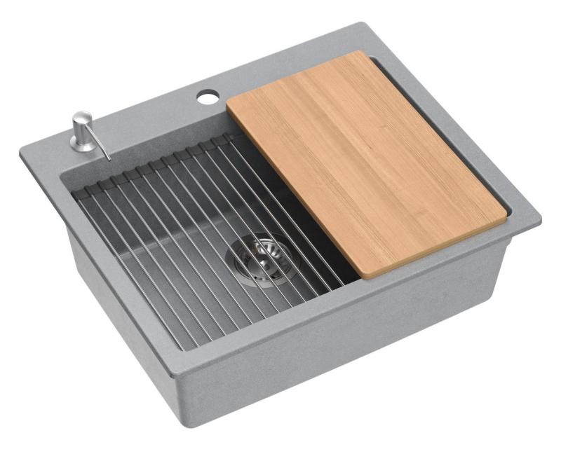 Quadri Durham szary granitowy zlewozmywak 595x500 z dozownikiem mydła, deską do krojenia, wkładem do zlewu i matą do rolowania 1208967378