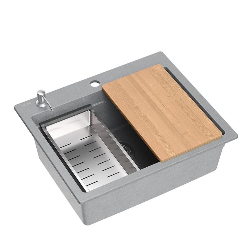 Quadri Durham szary granitowy zlewozmywak 595x500 z dozownikiem mydła, deską do krojenia, wkładem do zlewu i matą do rolowania 1208967378