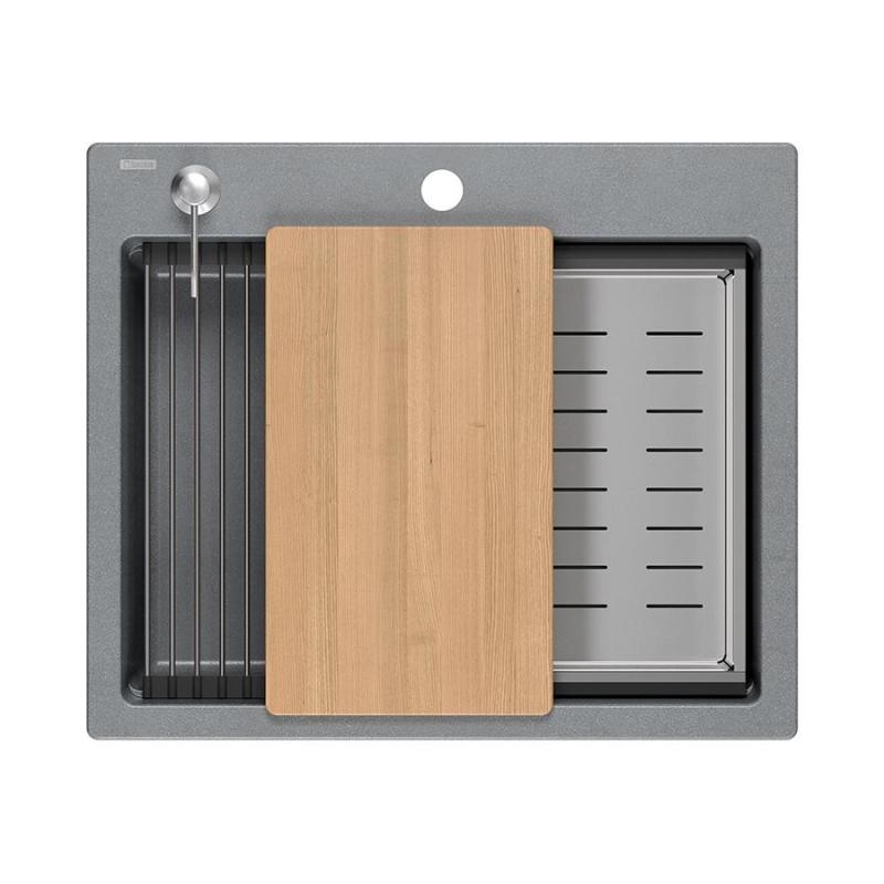 Quadri Durham szary granitowy zlewozmywak 595x500 z dozownikiem mydła, deską do krojenia, wkładem do zlewu i matą do rolowania 1208967378