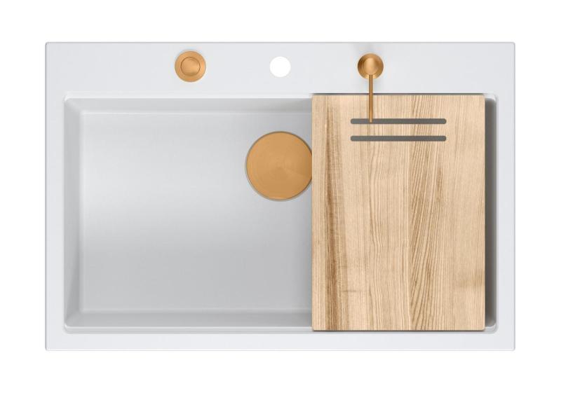 Quadri Hard Rock biały granitowy zlew nablatowy o wymiarach 76x50cm, w zestawie z miedzianym korkiem i akcesoriami 1208967428