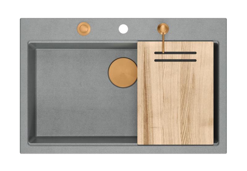Quadri Hard Rock szary granitowy zlew nablatowy o wymiarach 76x50cm, w zestawie z miedzianym korkiem i akcesoriami 1208967435