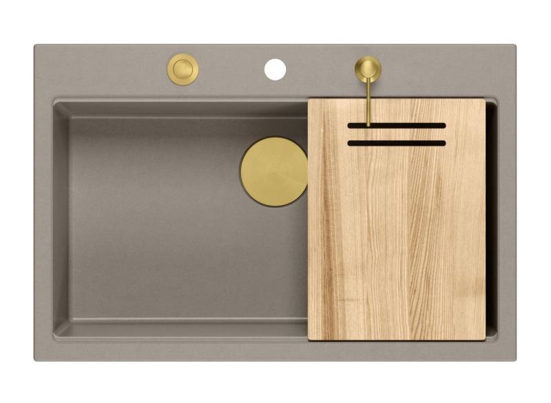 Quadri Hard Rock taupe granitowy zlew nablatowy 76x50cm, w zestawie złoty korek i akcesoria 1208967436