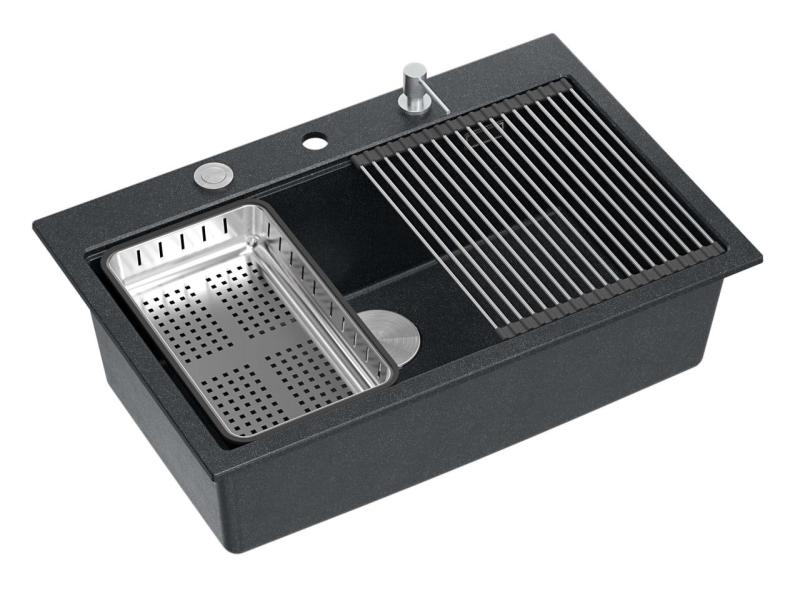 Quadri Hard Rock antracytowy granitowy zlew nablatowy 76x50 cm, w zestawie z korkiem ze stali nierdzewnej i akcesoriami 1208967442