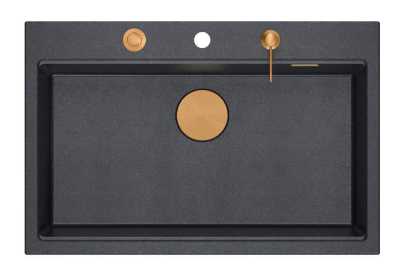 Quadri Hard Rock antracytowy granitowy zlew nablatowy duża komora 76x50cm, w tym miedziany korek i akcesoria 1208967445