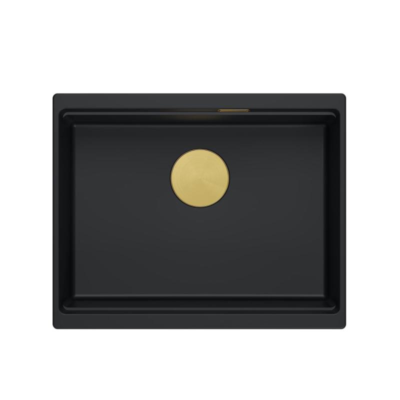 Quadri Newport II granitowy zlew podblatowy czarny 560x450 mm ze złotym korkiem i pokrywką odpływu 1208967449.