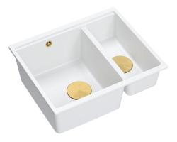 Quadri Newport II biały, 1,5-komorowy zlewozmywak granitowy do montażu na blacie i pod blatem, 555x460 mm, z złotym korkiem 1208967462