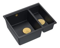 Quadri Newport II czarny 1,5 zlewozmywak z granitu do montażu nawierzchniowego i podwieszania 555x460mm z złotym korkiem 1208967464