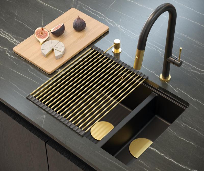 Quadri Newport II czarny 1,5 zlewozmywak z granitu do montażu nawierzchniowego i podwieszania 555x460mm z złotym korkiem 1208967464