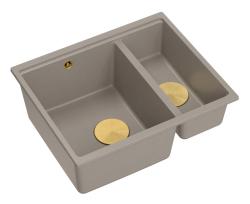 Quadri Newport II taupe 1,5 komora z granitu, montaż nablatowy i podblatowy, zlewozmywak 555x460mm ze złotym korkiem 1208967467