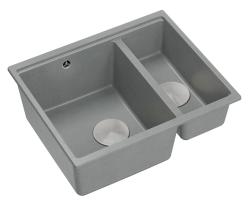 Quadri Newport II szary, granitowy zlew z 1,5 komorą, montaż nablatowy i podblatowy, 555x460mm, z korkiem ze stali nierdzewnej 1208967469