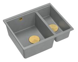 Quadri Newport II szary 1,5 komorowy zlew granitowy na blat i pod blat 555x460mm ze złotym korkiem 1208967470