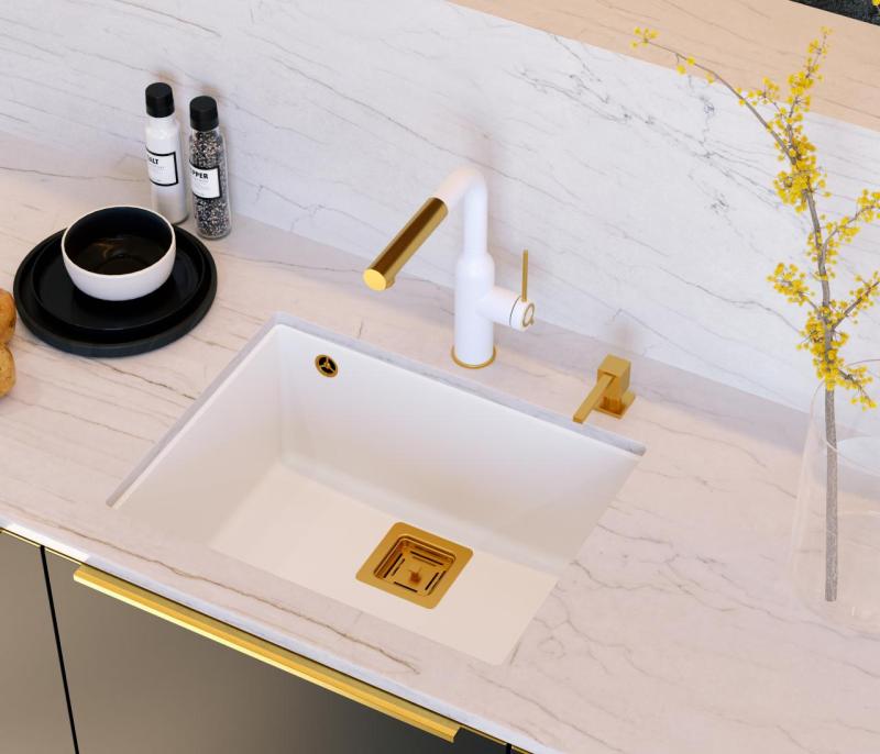 Quadri Quadrangle biały granitowy zlew podwieszany 55x42cm z miedzianym korkiem 1208967478