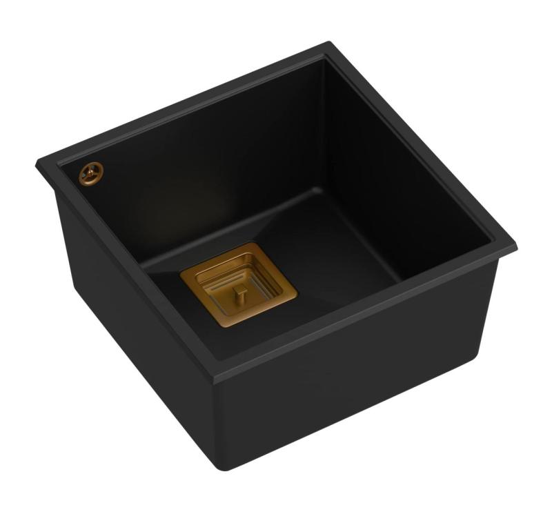 Quadri Quadrangle czarny granitowy zlewozmywak podwieszany 42x42cm z miedzianym korkiem 1208967482