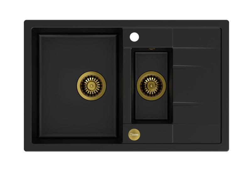Quadri Brenton czarny granitowy zlew nablatowy 1,5 komory z ociekaczem 78x50 cm ze złotym korkiem 1208967554