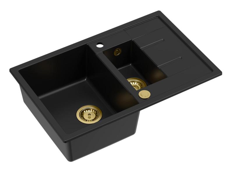 Quadri Brenton czarny granitowy zlew nablatowy 1,5 komory z ociekaczem 78x50 cm ze złotym korkiem 1208967554