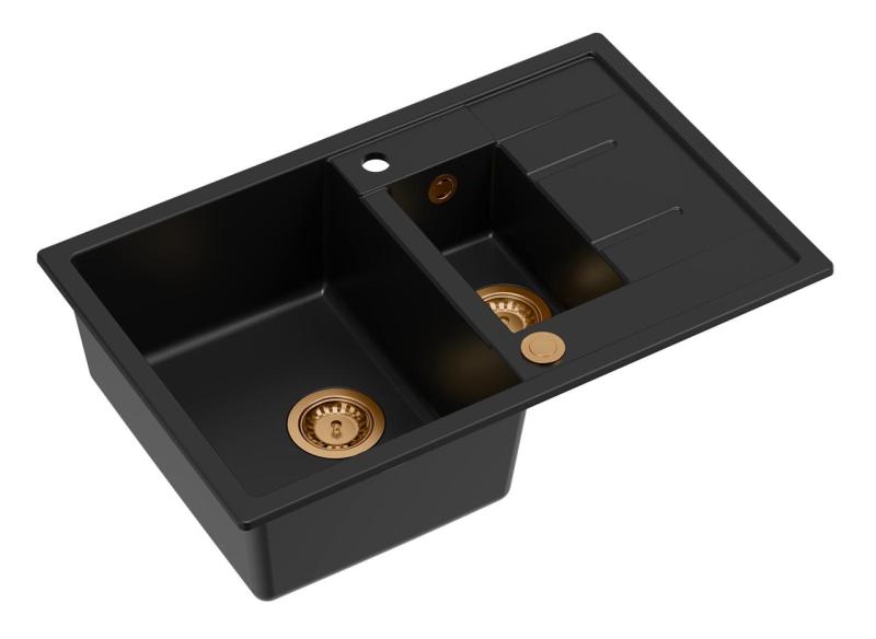 Quadri Brenton czarny granitowy zlewozmywak nablatowy 1,5 komory z ociekaczem 78x50cm z miedzianym korkiem 1208967555