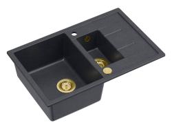 Quadri Brenton antracytowy granitowy zlewozmywak nablatowy 1,5-komorowy z ociekaczem 78x50cm ze złotym korkiem 1208967557
