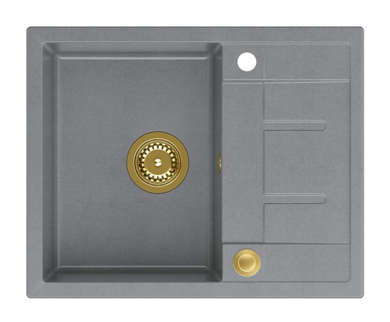 Quadri Dalton szary zlewozmywak nakładany z granitu z ociekaczem 62x50cm ze złotym korkiem 1208967565
