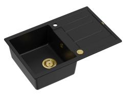 Quadri Sheffield Czarny Zlewozmywak Nablatowy z Granitu 78x50cm z Ociekaczem i Złotym Korkiem - 1208967581