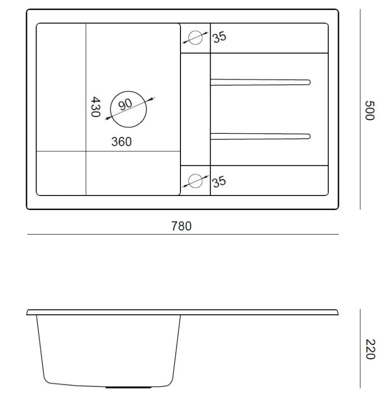 Quadri Sheffield Czarny Zlewozmywak Nablatowy z Granitu 78x50cm z Ociekaczem i Złotym Korkiem - 1208967581
