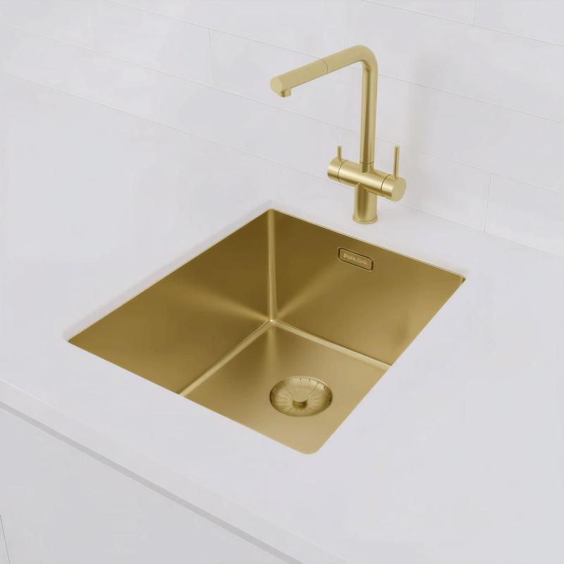 Zlew Pure.Sink Prestige 34x40 cm PVD Złoto 10 mm promień podwieszany, montaż na równi z blatem i nablatowy PPG3440-60.