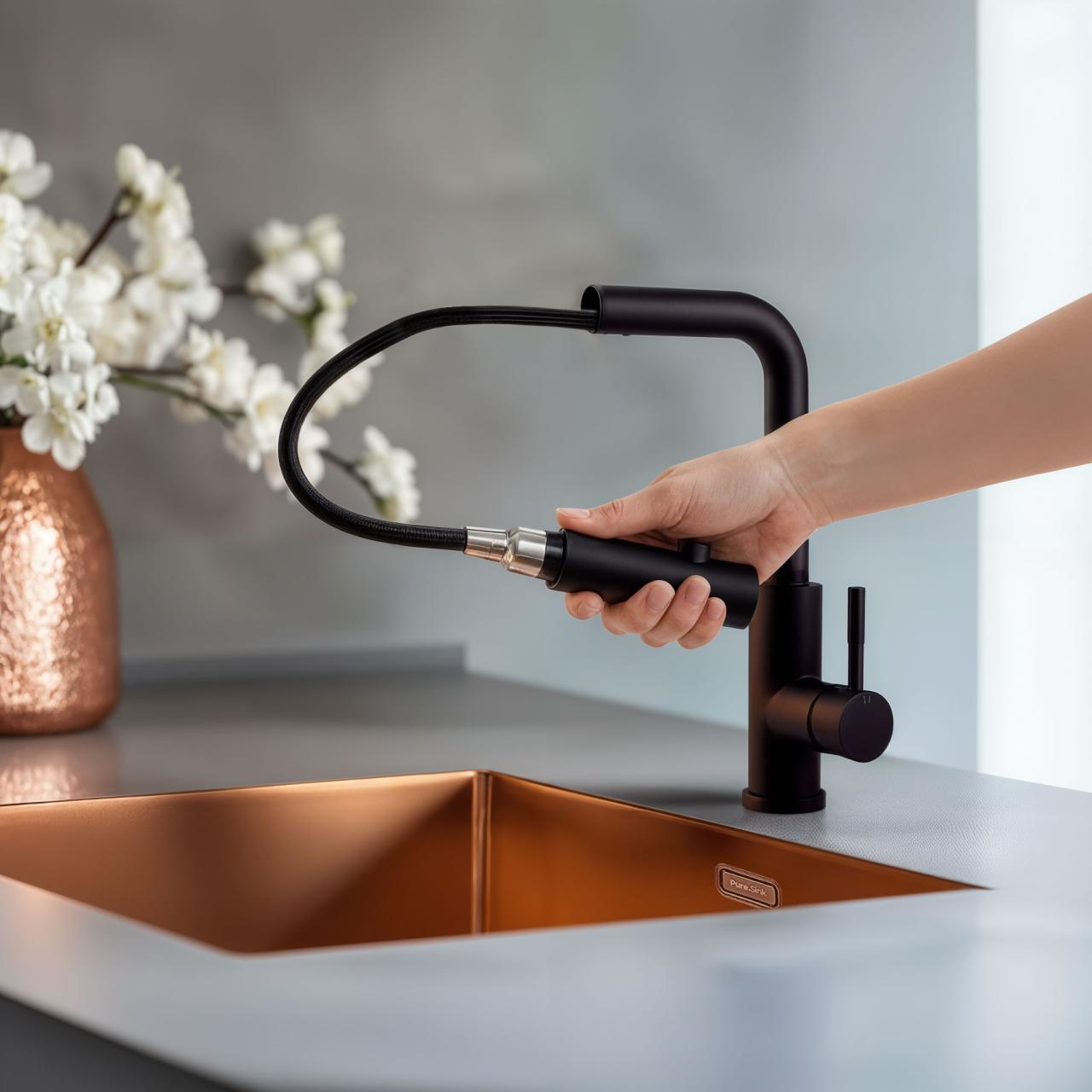 Pure.Sink Elite Steel Spark-S bateria kuchenna Matowa czarna z wyciąganą wylewką PS8041-10