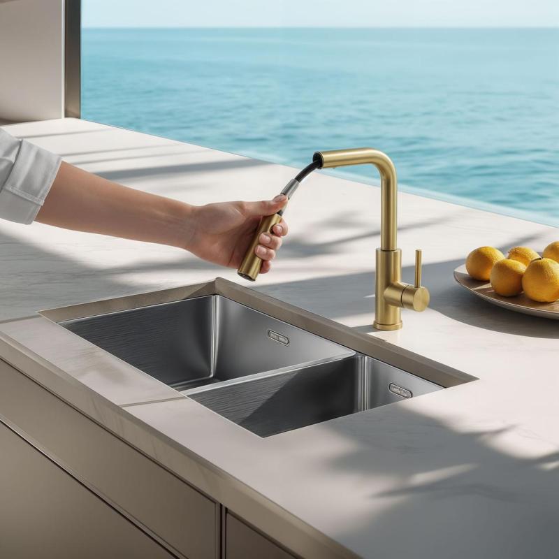 Pure.Sink Elite Steel Spark-S bateria kuchenna PVD Szczotkowane złoto z wyciąganą wylewką PS8041-60