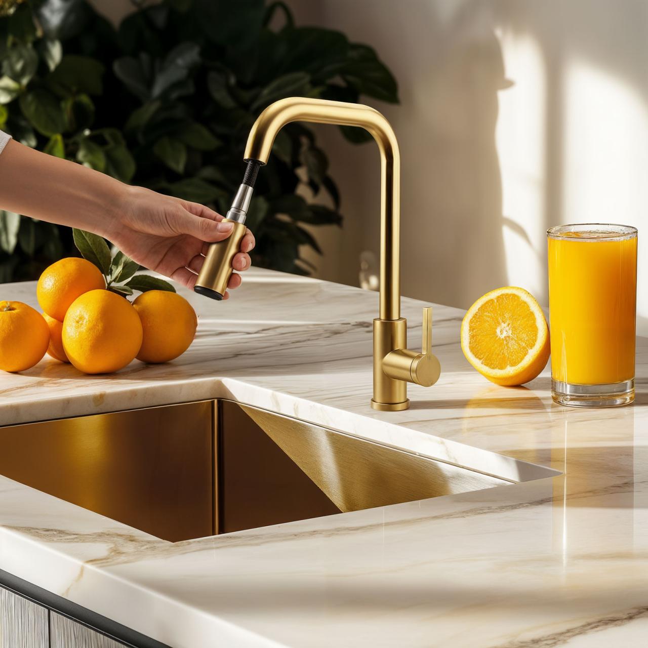 Pure.Sink Elite Steel Crystal-S kuchenny kran PVD szczotkowane złoto z wyciąganą wylewką PS8050-60