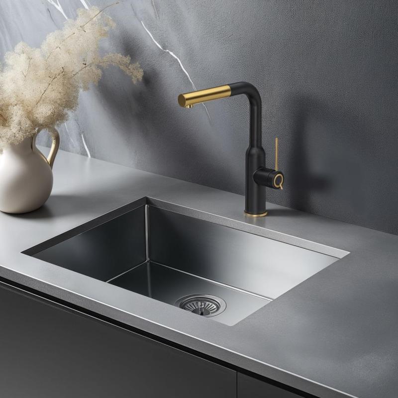 Quadri Stamford Kuchenny Bateria Czarna z Wykończeniem PVD w Złotym Kolorze i Wyciąganą Wylewką 1208967688