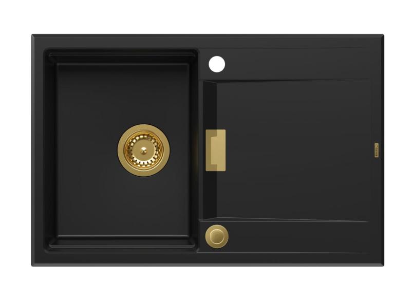 Quadri Minton Granitowy Zlew Nablatowy Czarny 76x50cm z Ociekaczem Odwracalny i Złoty Korek 1208967739