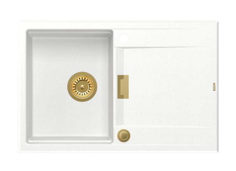 Quadri Minton Granitowy Zlewozmywak Nablatowy Biały 76x50cm z Ociekaczem, Odrwracalny i Złoty Korek - 1208967748