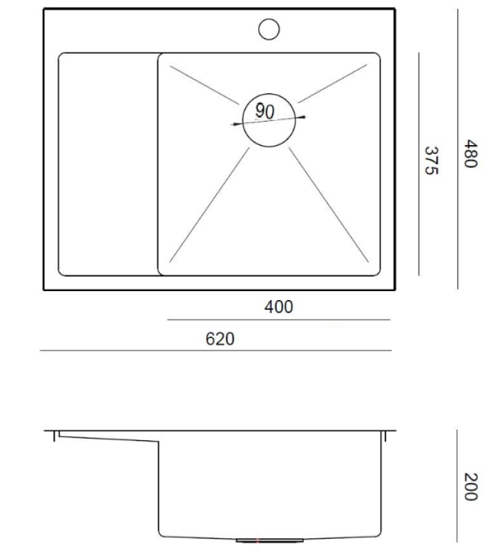 Aquadesign Clara Zlewozmywak ze stali nierdzewnej z prawą komorą 62x48cm, montaż nablatowy lub wpuszczany, z ociekaczem, miejscem na baterię i zatyczką ze stali nierdzewnej - 1208967755